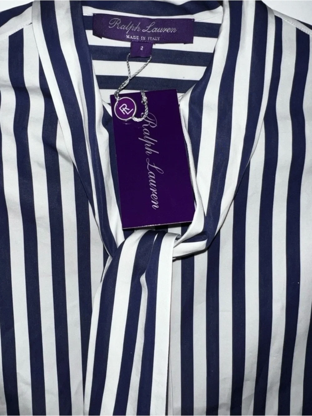 NWT! Ralph Lauren Collection (Purple Label/Runway) Striped Silk Tie-Neck Blouse